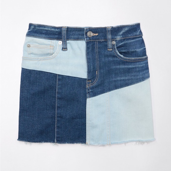 AE Stretch High Waisted Patchwork Denim Mini Skirt - Picture 2 of 9